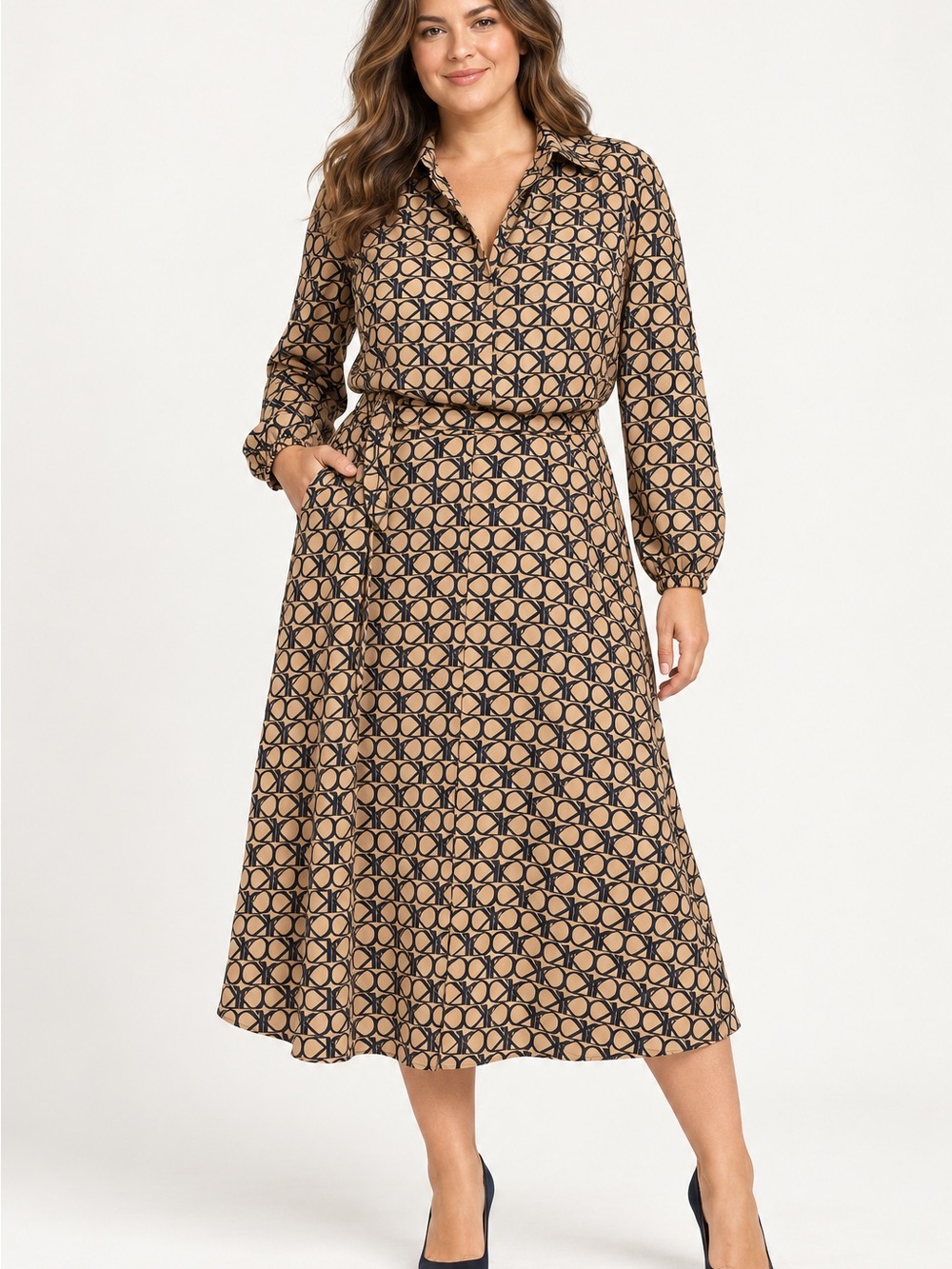 Donna Karan Black & Tan Geometric Midi Shirt Dress